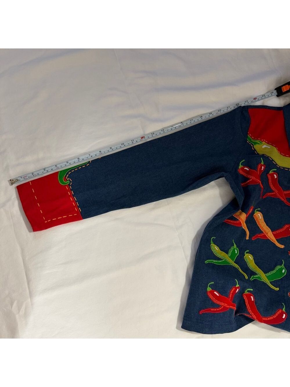 Michael Simon Top Vintage Beaded Chili Peppers Denim Whimsy Shirt Wearable Art - Picture 12 of 14